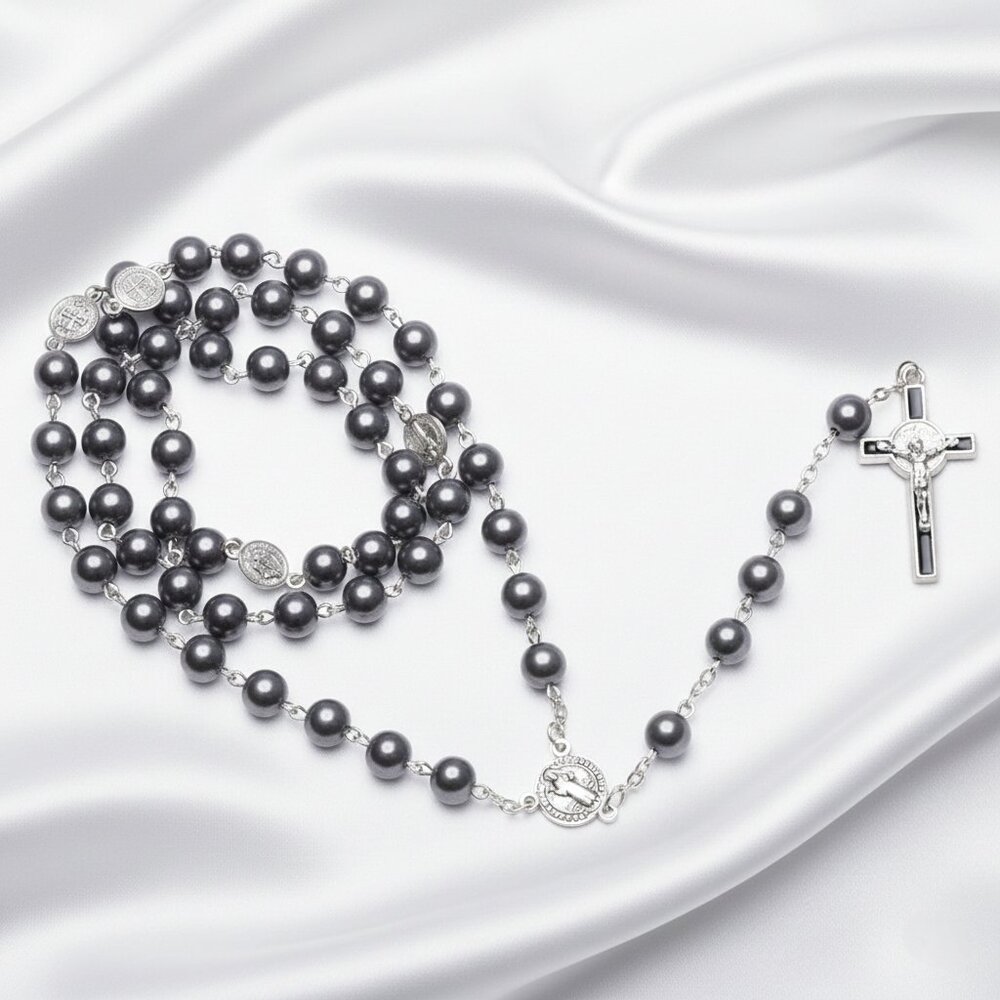 Hematite Beaded Catholic Rosary Prayer Crucifix Silver Tone Gothic Necklace NWOT - Picture 4 of 10